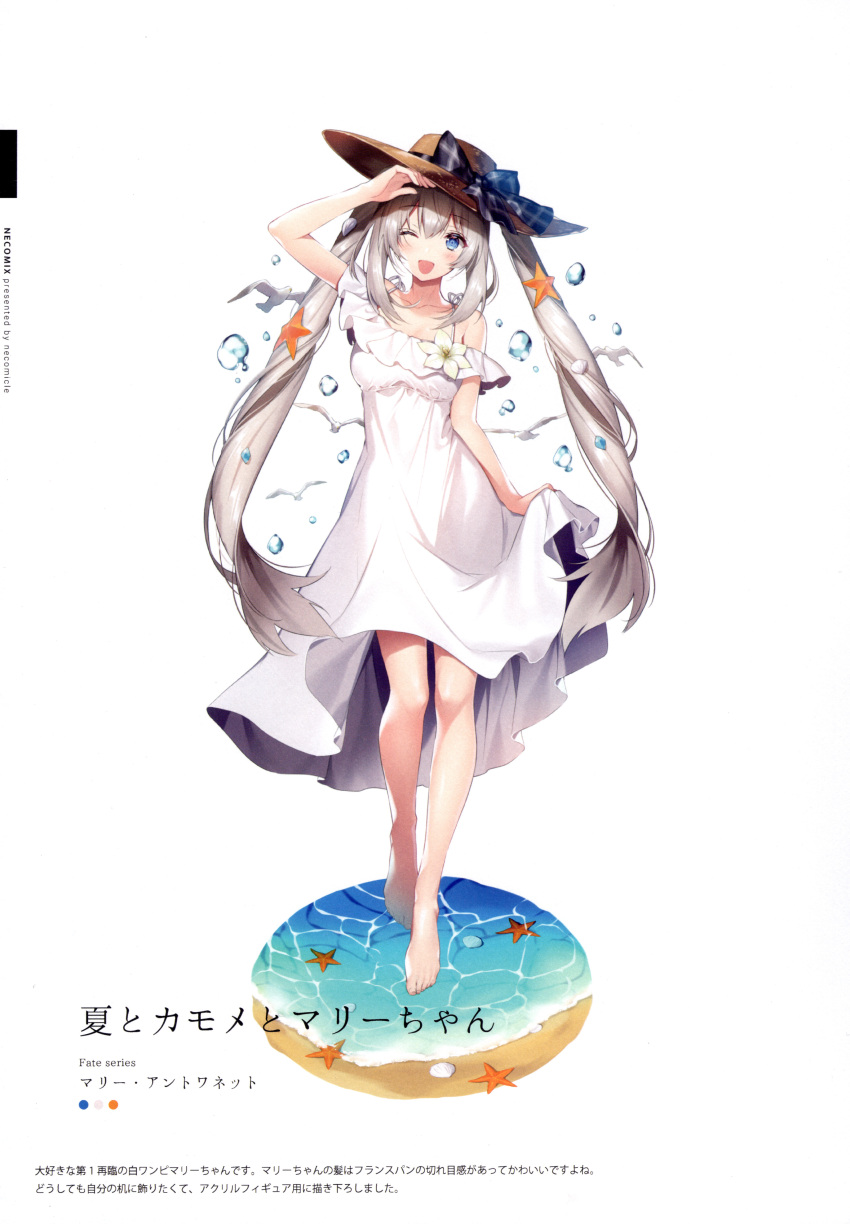1girl absurdres animal arm_up bangs barefoot bird blue_eyes breasts collarbone dress eyebrows_visible_through_hair fate/grand_order fate_(series) flower hat head_tilt highres holding long_hair looking_at_viewer marie_antoinette_(fate) marie_antoinette_(swimsuit_caster)_(fate) medium_breasts necomi one_eye_closed open_mouth scan short_dress silver_hair simple_background skirt_hold sleeveless smile solo starfish starfish_hair_ornament sun_hat toes twintails water water_drop white_background white_dress