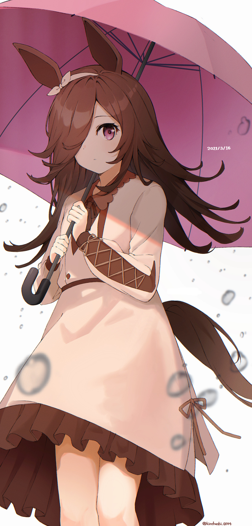 1girl absurdres animal_ears brown_dress brown_hair brown_ribbon commentary_request dated dress frilled_dress frills hair_over_one_eye hair_ribbon highres holding holding_umbrella horse_ears horse_girl horse_tail kiwi0314 long_hair long_sleeves looking_at_viewer rain ribbon rice_shower solo standing tail twitter_username umamusume umbrella violet_eyes