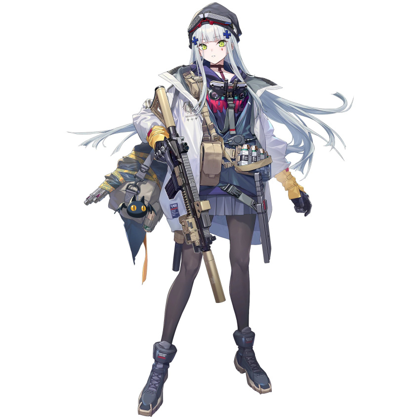 1girl acog assault_rifle girls'_frontline_neural_cloud girls_frontline green_eyes gun h&amp;k_hk416 hat highres hk416_(girls'_frontline) laser_pointer long_hair official_alternate_costume official_art pantyhose pleated_skirt rifle shoes skirt sneakers solo suppressor thigh-highs third-party_source weapon white_background white_hair