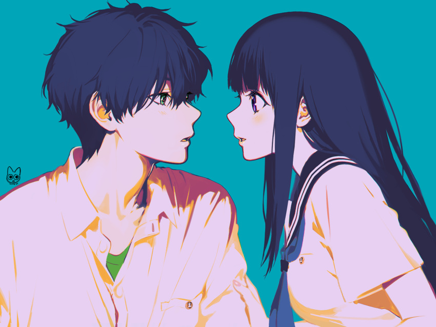 1boy 1girl artist_logo bangs black_hair blue_background blush breasts buttons chitanda_eru collarbone collared_shirt eye_contact face-to-face from_side green_eyes green_shirt hair_between_eyes hyouka kamiyama_high_school_uniform long_hair looking_at_another mery_(yangmalgage) neckerchief open_mouth oreki_houtarou parted_lips pocket school_uniform serafuku shirt short_hair short_sleeves simple_background small_breasts upper_body violet_eyes