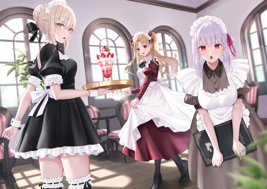 3girls alternate_costume artoria_pendragon_(all) bangs black_dress blonde_hair blush braid breasts cup dress earrings enmaided ereshkigal_(fate) fate/grand_order fate/stay_night fate_(series) french_braid grey_dress hair_bun hair_ribbon highres jewelry kama_(fate) large_breasts long_hair long_sleeves looking_at_viewer maid maid_headdress medium_breasts meltymaple multiple_girls parfait parted_bangs puffy_short_sleeves puffy_sleeves red_dress red_eyes ribbon saber_alter short_sleeves silver_hair tray two_side_up