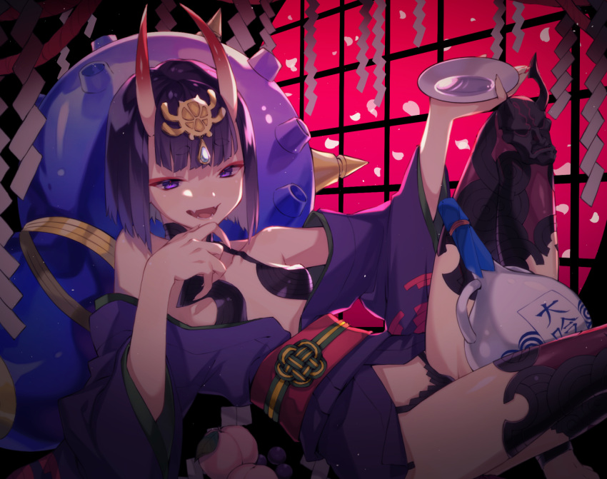 1girl alcohol bangs bare_shoulders bob_cut bottle breasts collarbone cup eyeliner fate/grand_order fate_(series) gourd headpiece highres horns japanese_clothes kimono knee_up long_sleeves looking_at_viewer makeup obi oni oni_horns open_mouth purple_hair purple_kimono revealing_clothes sakazuki sake sash shimi_to_ufu short_hair shuten_douji_(fate) skin-covered_horns small_breasts smile thighs violet_eyes wide_sleeves
