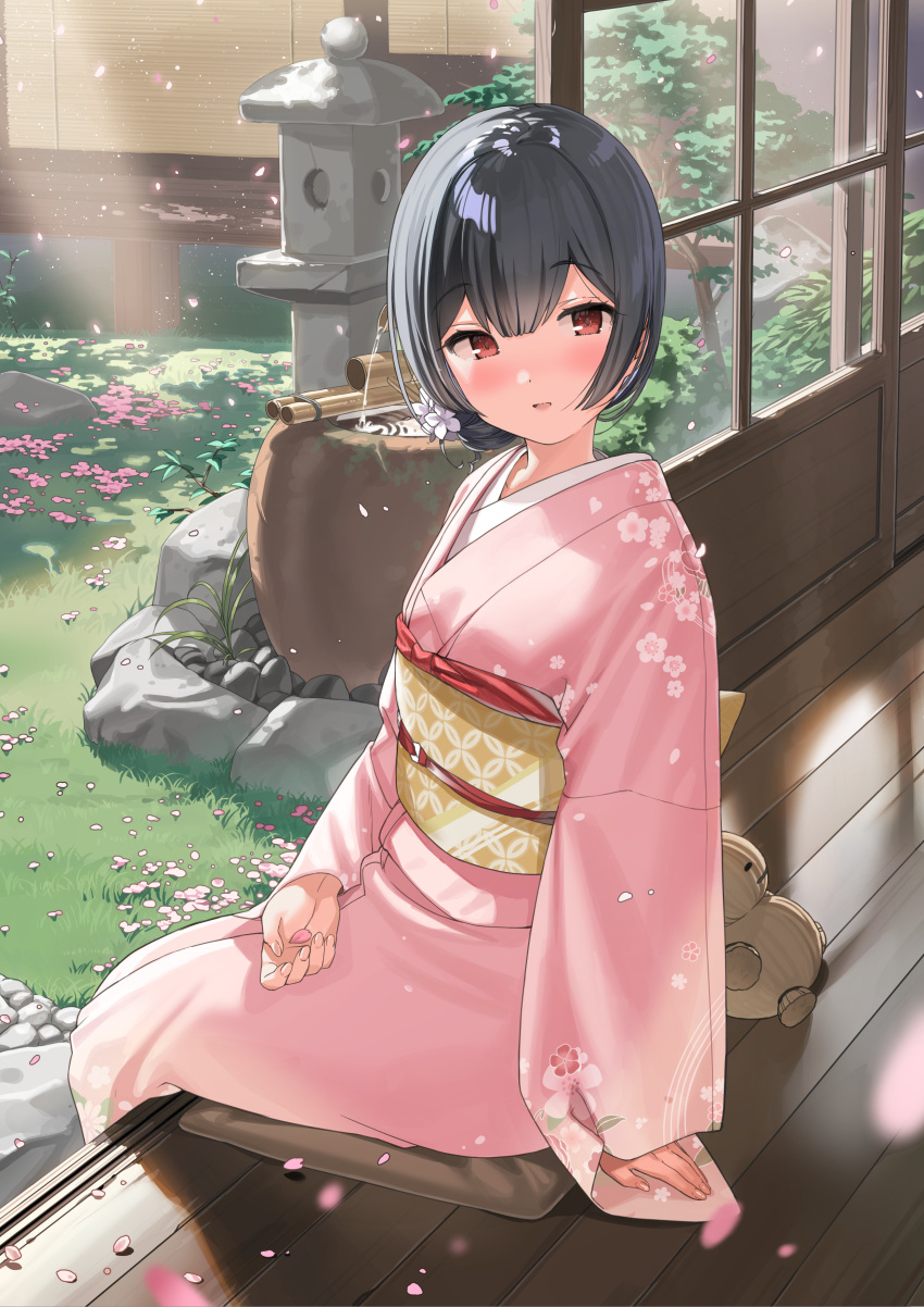 1girl absurdres bangs black_hair blush commentary_request cushion day eyebrows_visible_through_hair floral_print flower from_side hair_between_eyes hair_flower hair_ornament highres idolmaster idolmaster_shiny_colors japanese_clothes kanzarin_(hoochikiss) kimono long_sleeves looking_at_viewer looking_to_the_side morino_rinze obi parted_lips pink_flower pink_kimono print_kimono red_eyes sash short_hair sitting sleeves_past_wrists smile solo white_flower zabuton