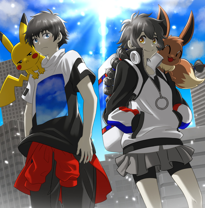 1boy 1girl bangs bike_shorts black_hair brown_eyes building closed_mouth clothes_around_waist clouds commentary_request day eevee from_below gen_1_pokemon gotcha! gotcha!_boy_(pokemon) gotcha!_girl_(pokemon) grey_skirt hands_in_pockets highres jacket knees lens_flare long_hair multi-tied_hair on_shoulder outdoors pants pikachu pokemon pokemon_(creature) pokemon_on_shoulder ria_(mari1101) shirt short_hair short_sleeves skirt sky smile sun zipper