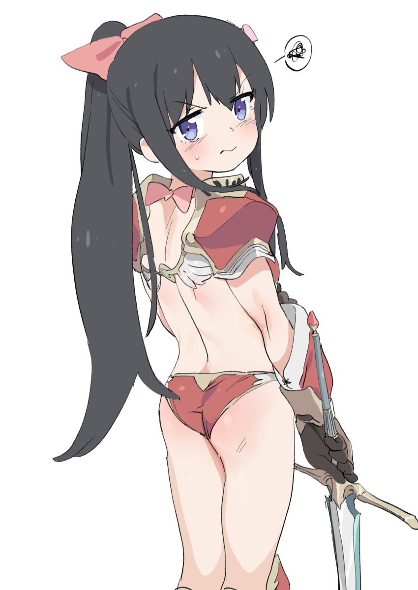 1girl absurdres annoyed armor ass bikini bikini_armor black_gloves black_hair blue_eyes blush bow dorontabi from_behind gloves hair_bow highres long_hair looking_back pauldrons ponytail red_bikini ribbon shirosaki_hana shoulder_armor simple_background solo swimsuit sword thighs vambraces watashi_ni_tenshi_ga_maiorita! weapon white_background