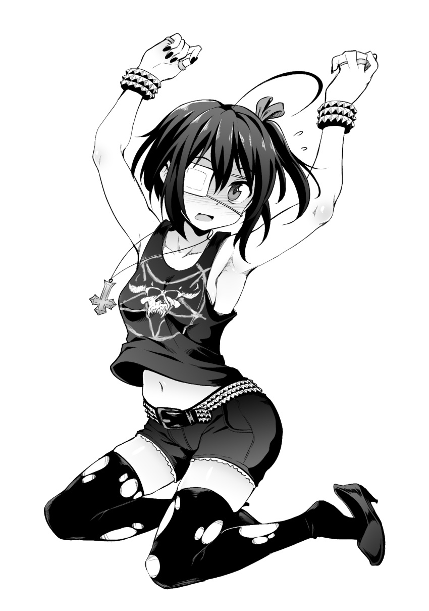 1girl ahoge alternate_costume armpits arms_up bare_shoulders belt black_belt black_legwear black_nails blush breasts chuunibyou_demo_koi_ga_shitai! collarbone commentary cross dot_nose english_commentary eyepatch geewhy greyscale hair_ribbon highres jewelry kneeling looking_at_viewer monochrome nail_polish navel necklace open_mouth pentagram pumps ribbon ring shirt shoe_dangle short_hair shorts simple_background sketch skull small_breasts solo takanashi_rikka thigh-highs thumb_ring torn_clothes torn_legwear white_background white_eyepatch wristband