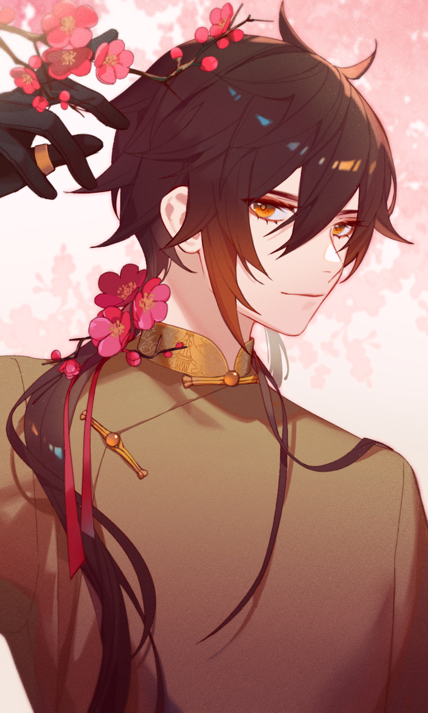 1boy bangs black_gloves black_hair brown_hair chinese_clothes closed_mouth earrings english_commentary eyes_visible_through_hair eyeshadow flower genshin_impact gloves gradient_hair hair_between_eyes hair_flower hair_ornament hair_tie highres jesse_(pixiv34586727) jewelry long_hair looking_at_viewer makeup male_focus multicolored_hair ponytail red_eyeshadow red_flower simple_background single_earring solo tassel tassel_earrings thumb_ring tree_branch white_background yellow_eyes zhongli_(genshin_impact)