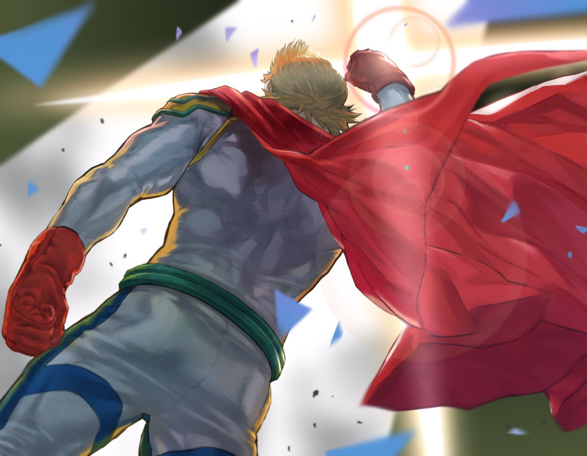 1boy arm_up back belt blonde_hair boku_no_hero_academia cape commentary_request from_behind gloves highres male_focus pants raised_fist red_cape red_gloves solo spiky_hair togata_mirio two-tone_background white_background yellow_background yomoyama_yotabanashi