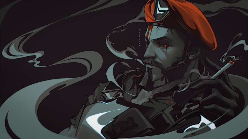 1boy armor artist_name beard beret black_background brimstone_(valorant) cigarette collared_shirt english_commentary excharny facial_hair hat highres holding holding_cigarette leaning_back male_focus military monochrome mustache orange_eyes orange_headwear shirt smoking solo spot_color valorant