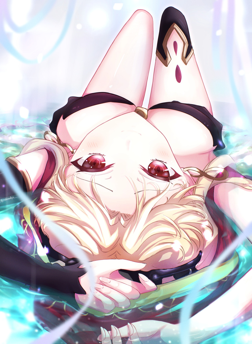 1girl absurdres bangs black_dress black_legwear blonde_hair breasts breasts_apart dress earrings ereshkigal_(fate) fate/grand_order fate_(series) gold_trim hair_ribbon highres hoop_earrings jewelry large_breasts long_hair looking_at_viewer lying on_back parted_bangs red_eyes ribbon single_sleeve single_thighhigh smile thigh-highs thighs tiara two_side_up yuki_haru