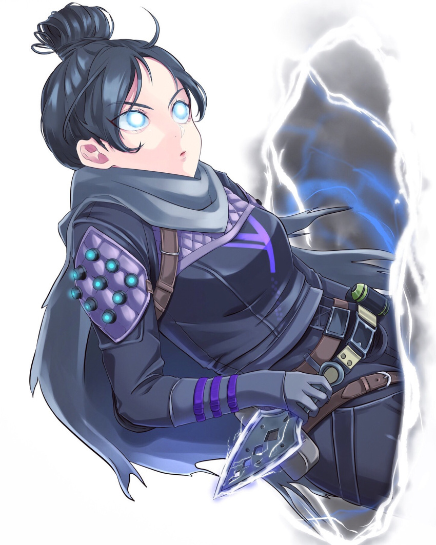 1girl :o apex_legends bangs black_bodysuit black_hair black_scarf blue_eyes bodysuit breasts electricity glowing glowing_eyes hair_behind_ear hair_bun highres holding holding_knife knife kunai leaning_back medium_breasts parted_bangs portal_(object) re_mistar scarf solo weapon white_background wraith_(apex_legends)