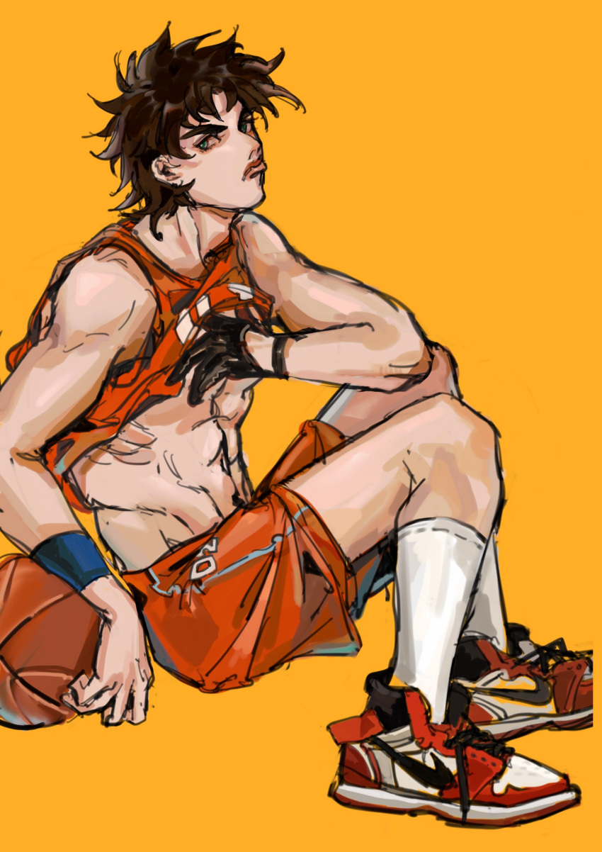 1boy abs absurdres basketball basketball_uniform battle_tendency black_gloves brown_hair frown gloves green_eyes highres jersey jojo_no_kimyou_na_bouken joseph_joestar_(young) male_focus orange_background orange_shirt orange_shorts shirt shirt_lift shoes shorts simple_background single_glove sneakers solo sportswear wristband xubeichaoyansuan