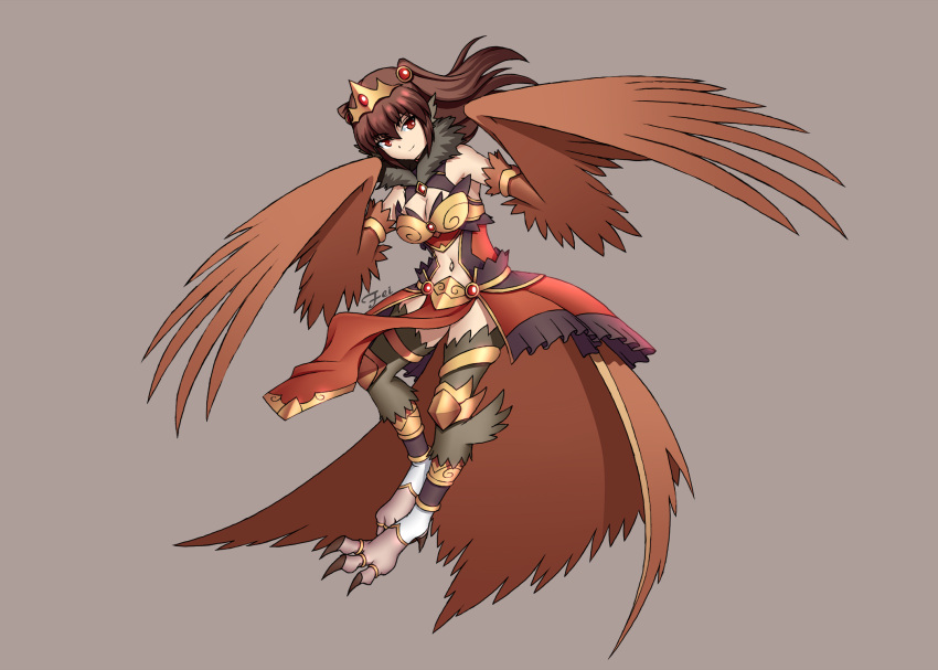 1girl armlet breasts brown_hair digitigrade eyebrows_visible_through_hair faulds feathered_wings fei_(ercan_dinler17) frills full_body fur_collar gold_trim hair_ornament harpy highres jewelry large_breasts long_hair looking_at_viewer monster_girl navel necklace original pelvic_curtain red_eyes signature simple_background smile solo talons thighlet tiara toe_ring wing_ears winged_arms wings