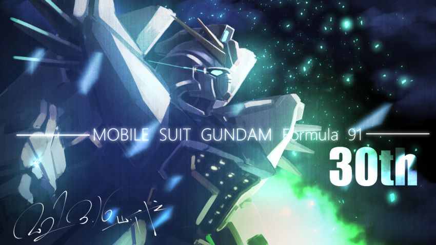 anniversary blue_eyes character_name dated f91_gundam glowing glowing_eye gundam gundam_f91 looking_up mecha mobile_suit no_humans science_fiction serike_w signature solo upper_body v-fin