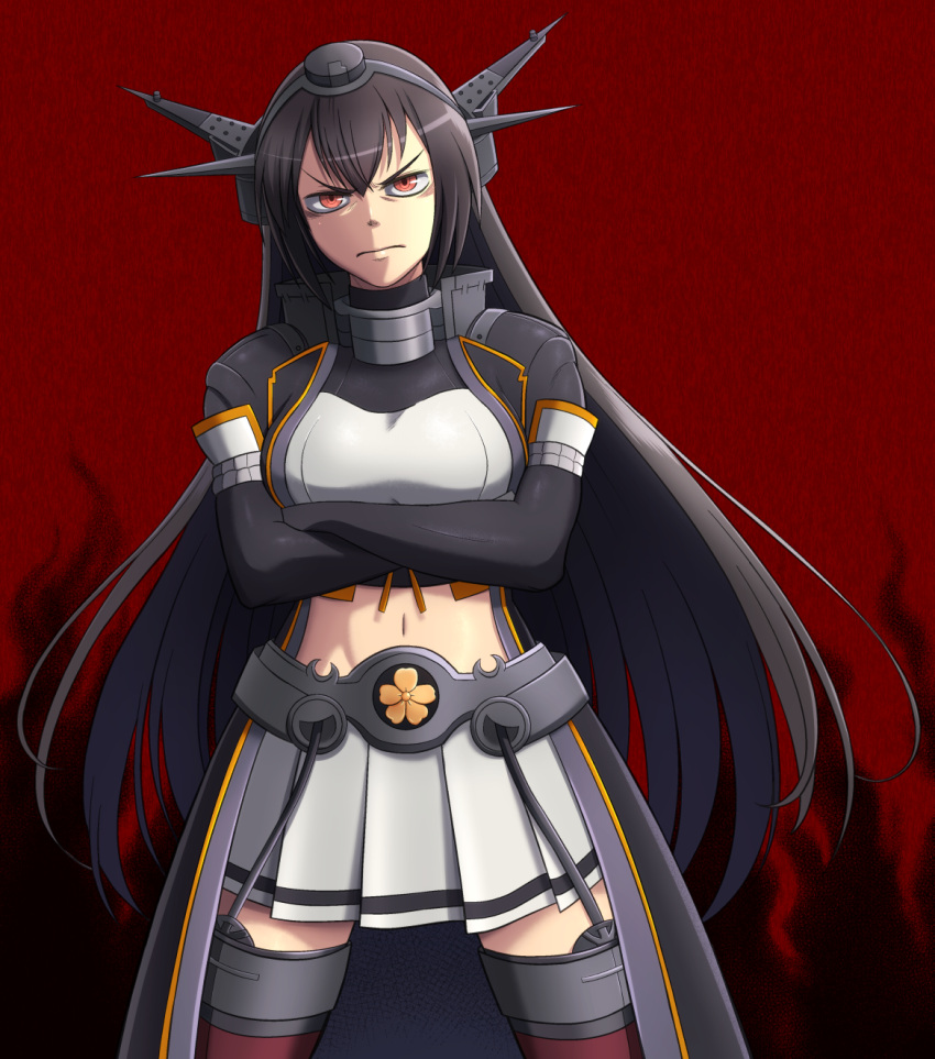 1girl black_hair breasts crossed_arms headgear highres jougenmushi kantai_collection large_breasts midriff miniskirt nagato_(kancolle) navel orange_eyes pleated_skirt red_background remodel_(kantai_collection) serious skirt solo