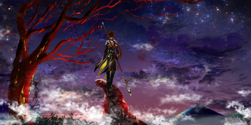 black_gloves brown_hair cliff fog formal from_behind genshin_impact gloves grass higashiasa_ryo highres holding holding_spear holding_weapon jacket long_hair long_sleeves mountain night night_sky outdoors polearm ponytail scenery sky spear star_(sky) starry_sky suit tree vision_(genshin_impact) weapon wide_shot zhongli_(genshin_impact)