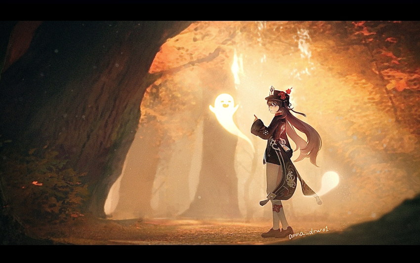 1girl anna_(drw01) autumn_leaves brown_hair bush forest genshin_impact ghost highres hu_tao nature open_mouth red_eyes shoes shorts socks solo standing thighs tree twintails