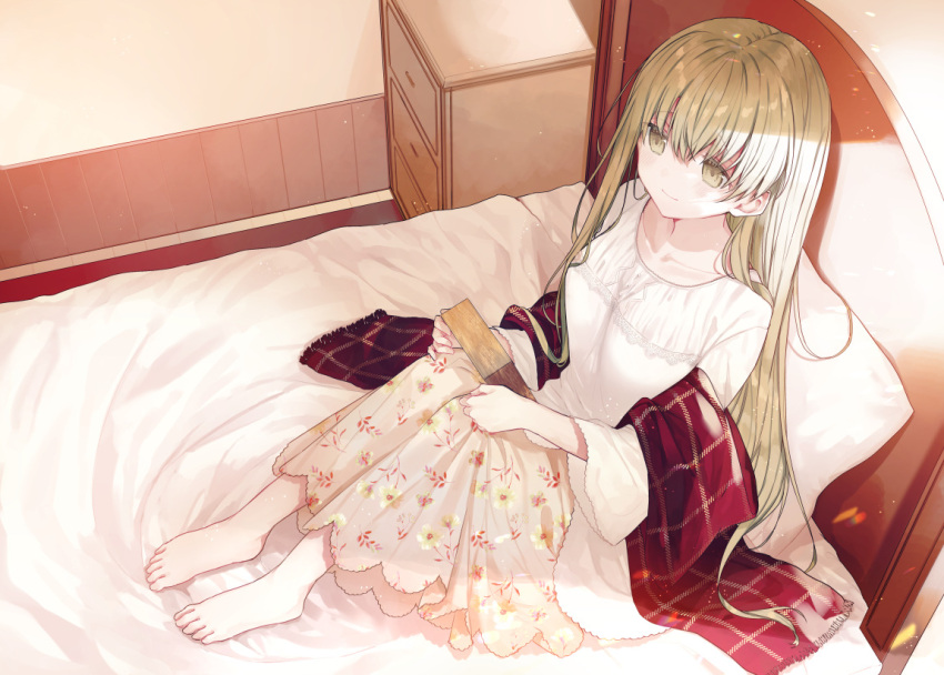 1girl bangs barefoot bed bed_frame bed_sheet beige_skirt blush cecilia_(shiro_seijo_to_kuro_bokushi) collarbone commentary dutch_angle floral_print from_above green_eyes green_hair holding indoors kazutake_hazano knees_up long_hair long_skirt long_sleeves looking_afar nightstand on_bed pale_skin pillow pink_scarf plaid plaid_scarf red_scarf scarf shelf shiro_seijo_to_kuro_bokushi shirt sitting skirt smile solo sunlight white_shirt