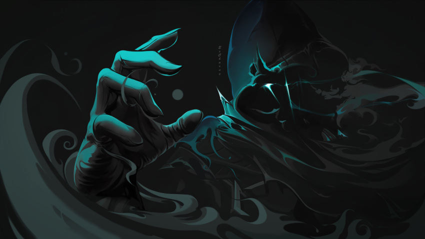 1boy artist_name black_background blue_eyes covered_face english_commentary excharny gloves glowing glowing_eye highres hood hood_up male_focus omen_(valorant) open_hand smoke solo spot_color valorant