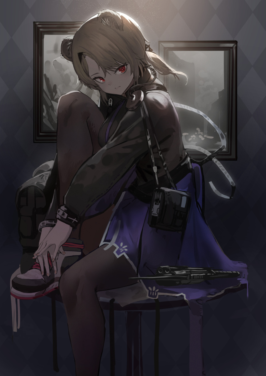1girl absinthe_(arknights) animal_ears arknights bag bear_ears bear_girl black_legwear black_shirt blue_jacket brown_hair closed_mouth clothes_around_waist commentary_request gun headphones highres jacket jacket_around_waist mannouyakunta portrait_(object) red_eyes shirt shoes solo weapon