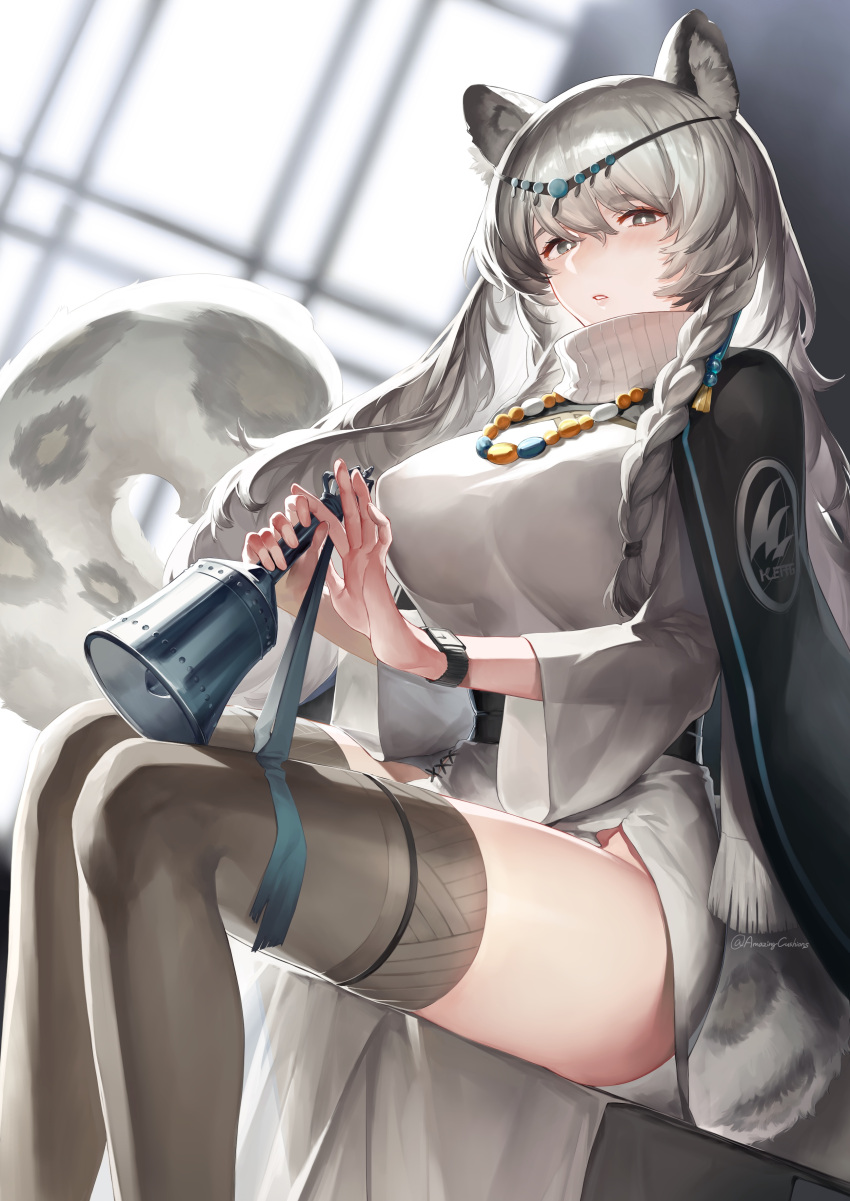 1girl absurdres animal_ears arknights bangs bell black_cape breasts cape commentary dress dutch_angle feet_out_of_frame grey_eyes grey_legwear head_chain highres holding holding_bell large_breasts leopard_ears leopard_tail long_hair long_sleeves looking_at_viewer odoroki_itakotoni_(kaiteki_nakusshon) parted_lips pramanix_(arknights) silver_hair sitting solo tail thigh-highs thighs turtleneck_dress white_dress