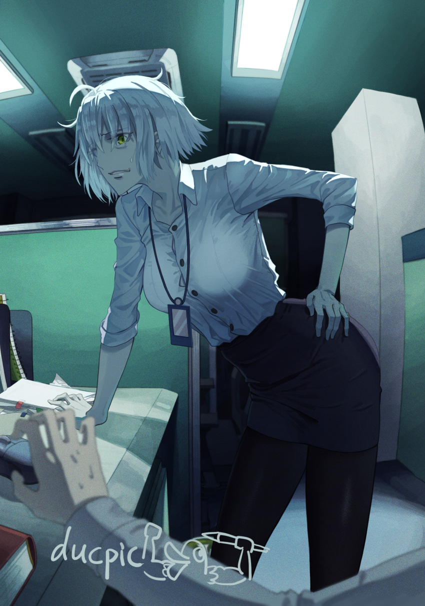 1boy 1girl book breasts ceiling_light desk ducpic fate/grand_order fate_(series) hand_on_hip highres id_card jeanne_d'arc_(alter)_(fate) jeanne_d'arc_(fate)_(all) lanyard messy_hair miniskirt mouse_(computer) office office_lady pantyhose paper short_hair skirt sweatdrop white_hair yellow_eyes