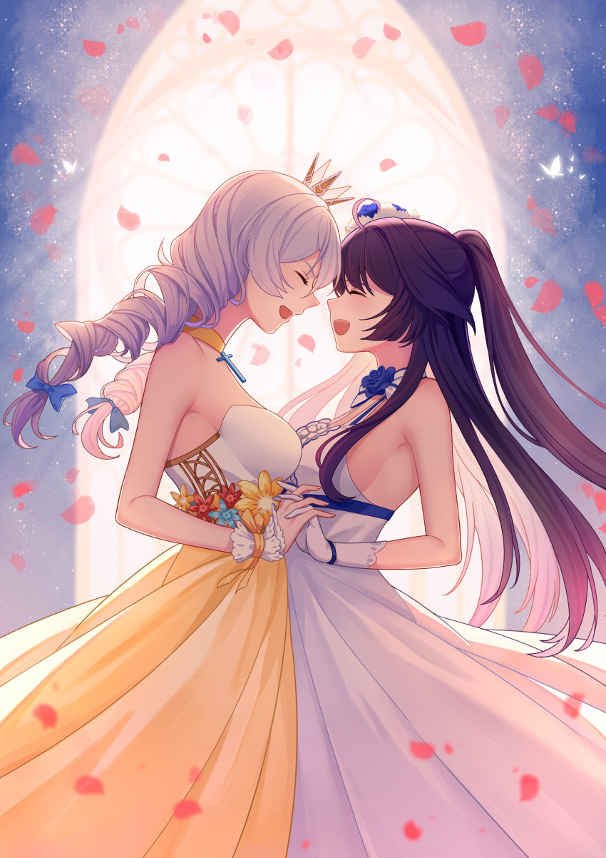 2girls absurdres bangs bare_shoulders breasts cha_yan_guan_se closed_eyes dress drill_hair flower gloves happy highres holding_hands honkai_(series) honkai_impact_3rd kiana_kaslana multiple_girls open_mouth petals purple_hair raiden_mei silver_hair smile strapless strapless_dress twin_drills white_dress wife_and_wife yuri