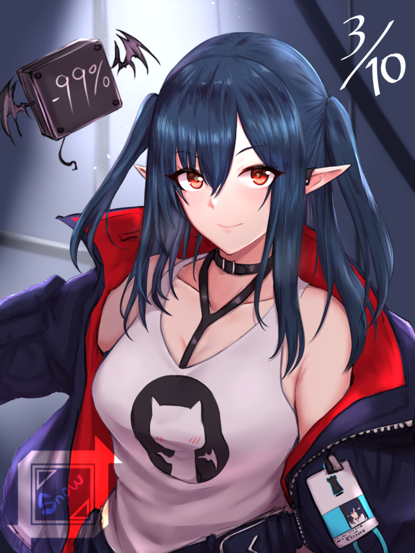 1girl arknights artist_name bangs bare_shoulders belt black_choker black_hair black_jacket breasts chinese_commentary choker closure_(arknights) collarbone dated hair_between_eyes highres jacket long_hair long_sleeves name_tag open_clothes open_jacket pointy_ears red_eyes shirt smile snowyoooooo solo two_side_up watermark white_shirt
