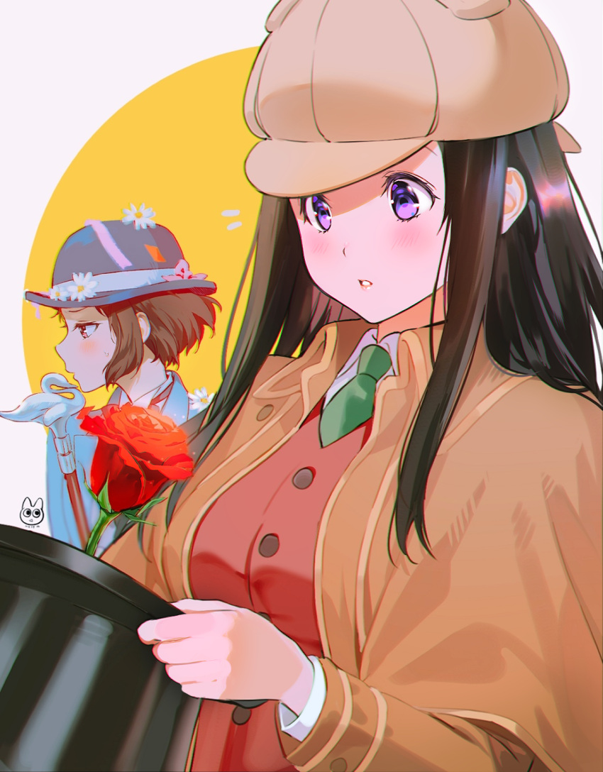 2girls artist_logo bangs blue_jacket blush breasts brown_capelet brown_hair chitanda_eru collared_shirt commentary_request flower from_side green_neckwear hand_up hat highres holding hyouka ibara_mayaka jacket kimi_ni_matsuwaru_mystery large_breasts long_hair long_sleeves mery_(yangmalgage) multiple_girls necktie parted_lips profile red_flower red_rose red_vest rose shirt short_hair teeth top_hat two-tone_background upper_body vest violet_eyes white_background white_shirt yellow_background