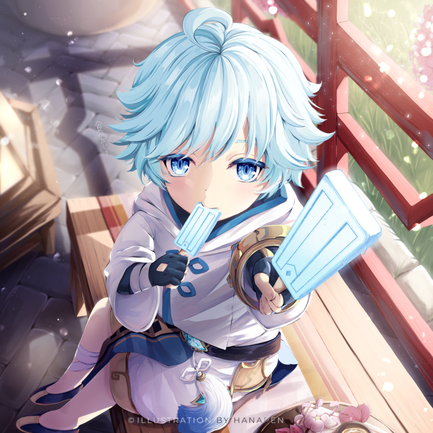 1boy artist_name bench blue_hair child chongyun_(genshin_impact) fingerless_gloves food food_in_mouth from_above genshin_impact gloves grass half-closed_eyes hanapen highres ice_cream long_sleeves looking_at_viewer popsicle reaching_out sitting wide_sleeves