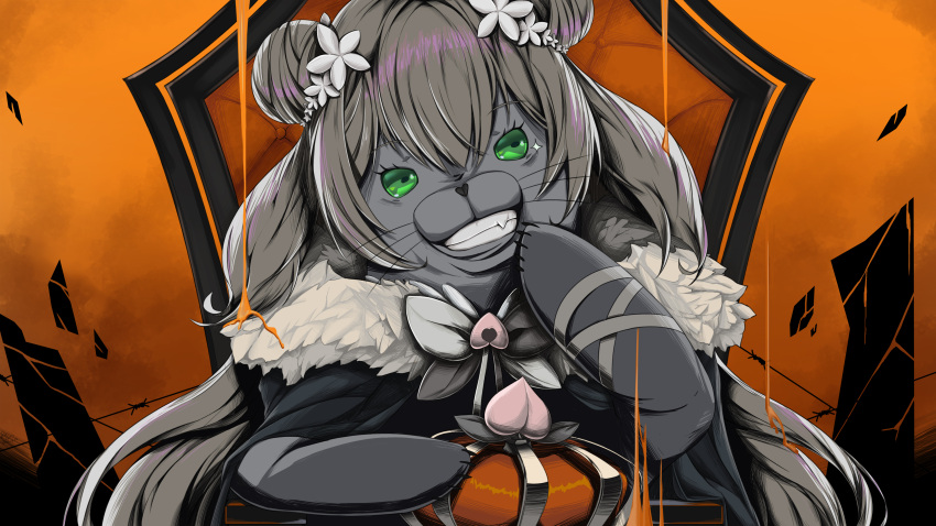1girl absurdres animalization bangs barbed_wire coat crown debris dincat double_bun eyebrows_visible_through_hair fang flower food fruit fur-trimmed_coat fur_trim green_eyes grey_hair grin hair_between_eyes hair_flower hair_ornament highres holding holding_crown hololive king_(vocaloid) long_hair looking_at_viewer momosuzu_nene orange_background peach pink_hair seal sitting smile solo teeth throne upper_body very_long_hair virtual_youtuber