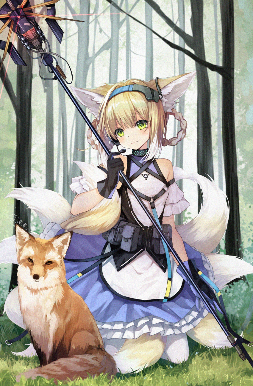 1girl animal_ears arknights belt_pouch blonde_hair blush breasts commentary_request forest fox fox_ears fox_tail gloves green_eyes hair_rings headset highres looking_at_viewer multiple_tails nature pouch shinkai_kokoa small_breasts staff suzuran_(arknights) tail tree