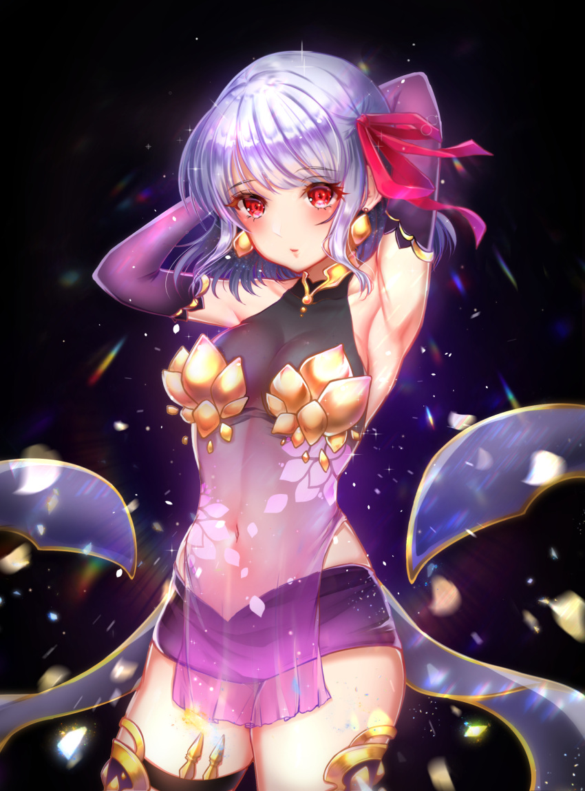 1girl armlet armor armpits arms_behind_head arms_up bangs bare_shoulders bikini_armor black_background blush breasts collar covered_navel detached_sleeves dress earrings fate/grand_order fate_(series) floral_print hair_ribbon highres jewelry kama_(fate) light_particles looking_at_viewer metal_collar miniskirt open_mouth pelvic_curtain purple_dress purple_legwear purple_skirt purple_sleeves queencho red_eyes ribbon short_hair silver_hair skirt small_breasts thigh-highs thighlet thighs
