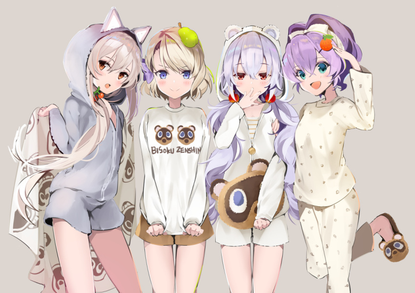 &gt;:) 4girls :d alternate_costume alternate_hairstyle animal_hood ann_(ann58533111) apple_hair_ornament ayanami_(azur_lane) azur_lane bangs blue_eyes c: carrying casual cat_hood cherry_hair_ornament collarbone commentary_request contemporary covering_mouth duplicate eyebrows_visible_through_hair eyes_visible_through_hair food_themed_hair_ornament grey_background hair_ornament hairband hairpin head_tilt holding_sheet hood hooded_jacket jacket javelin_(azur_lane) laffey_(azur_lane) light_brown_hair long_hair looking_at_viewer low_twintails multiple_girls one_side_up open_mouth orange_eyes pajamas ponytail raccoon_hood salute short_hair short_shorts shorts sidelocks silver_hair simple_background slippers smile standing standing_on_one_leg strawberry_hair_ornament stuffed_animal stuffed_raccoon stuffed_toy tanuki twintails z23_(azur_lane)