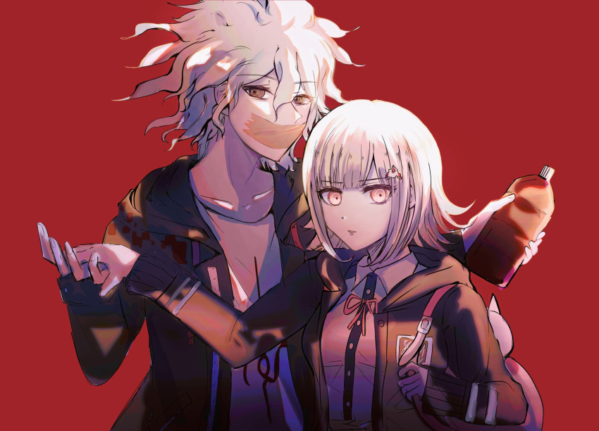 1boy 1girl a_po_(liuxiaobo0413) animal_bag backpack bag bangs black_jacket bottle breasts cat_bag coat dangan_ronpa_(series) dangan_ronpa_2:_goodbye_despair dress_shirt eyebrows_visible_through_hair gag green_coat hair_ornament highres holding holding_bottle holding_hands hood hood_down hooded_jacket improvised_gag jacket komaeda_nagito large_breasts medium_hair nanami_chiaki neck_ribbon open_clothes open_coat open_mouth pink_bag pink_eyes pink_hair pink_ribbon print_shirt red_background ribbon shirt tape tape_gag upper_body