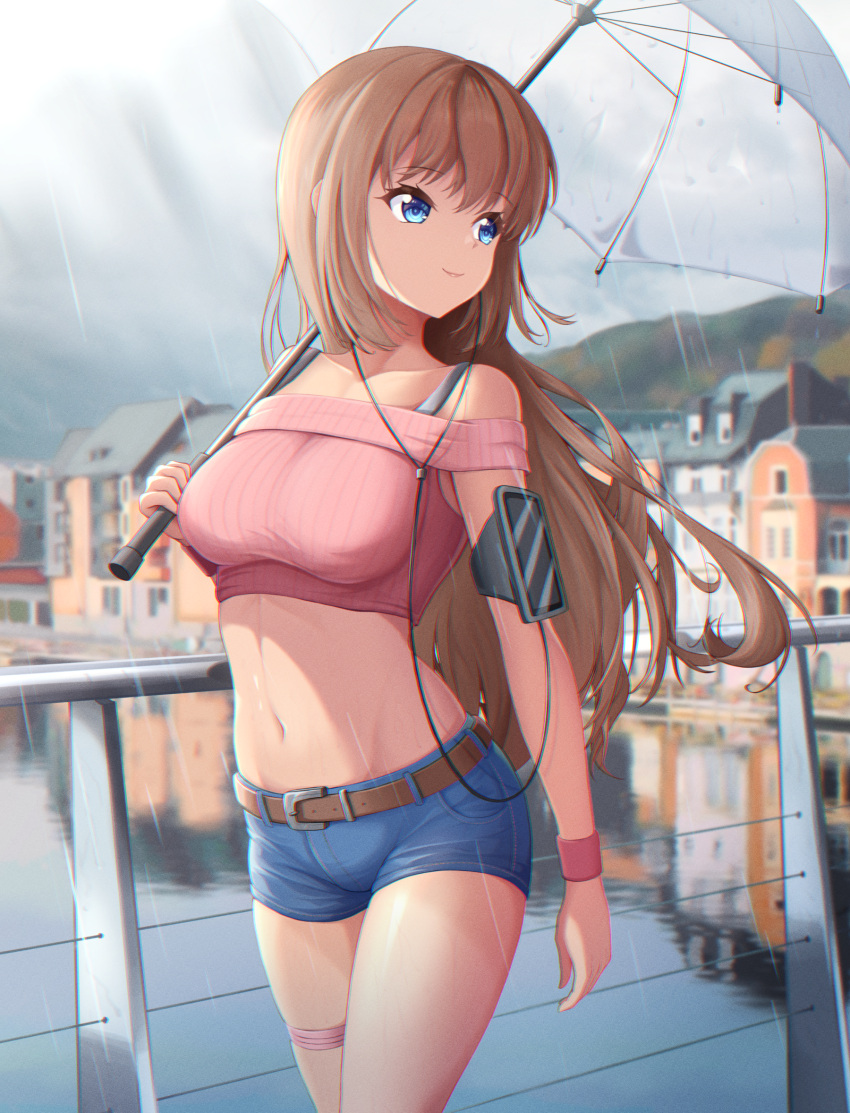1girl bangs bare_shoulders belt blue_eyes blurry bowlp breasts bridge brown_hair building cable chromatic_aberration collarbone cowboy_shot crop_top cropped_sweater day denim denim_shorts depth_of_field eyebrows_visible_through_hair highres holding holding_umbrella long_hair looking_away medium_breasts midriff mountainous_horizon navel off-shoulder_sweater off_shoulder original outdoors overcast pink_sweater rain ribbed_sweater river short_shorts shorts smile solo sweatband sweater thigh_strap town transparent transparent_umbrella umbrella water_drop wristband