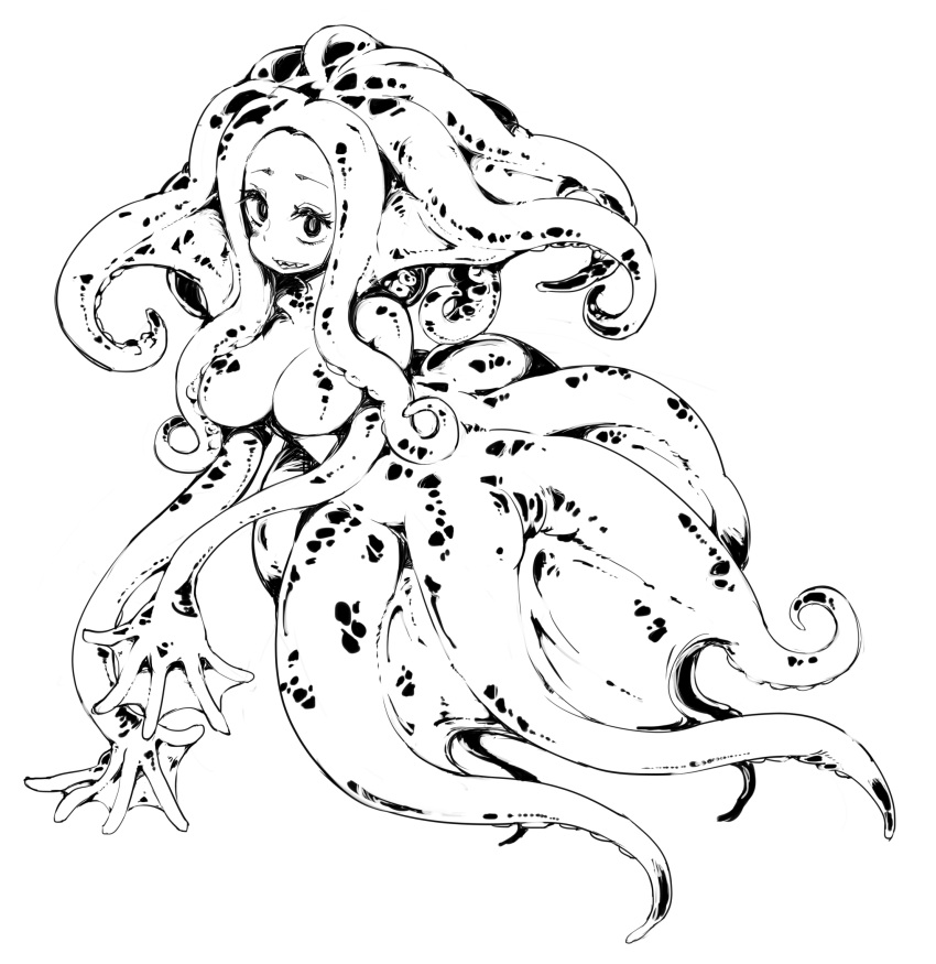 1girl breasts full_body highres ls-lrtha monochrome monster_girl no_nipples open_mouth original scylla sharp_teeth simple_background smile solo teeth tentacle_hair tentacles webbed_hands white_background
