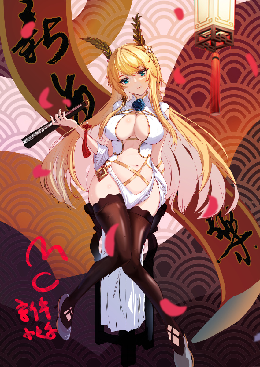 1girl absurdres azur_lane blonde_hair blue_eyes breasts brown_legwear center_opening china_dress chinese_clothes dress fan folding_fan full_body gold_trim highres holding holding_fan huge_filesize large_breasts laurel_crown long_hair looking_at_viewer mr-mc new_year official_alternate_costume pelvic_curtain short_sleeves solo thigh-highs victorious_(azur_lane) victorious_(guidance_of_the_spring_goddess)_(azur_lane) white_footwear