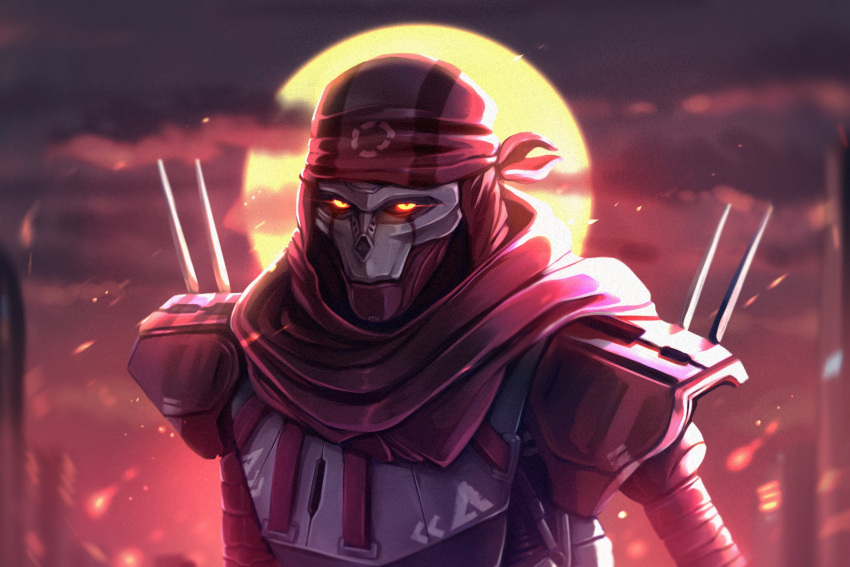 1boy apex_legends blurry blurry_background city clouds embers english_commentary highres male_focus no_humans oxi_(bizarreoxi) red_bandana red_scarf red_sky revenant_(apex_legends) scarf science_fiction simulacrum_(titanfall) sky solo upper_body