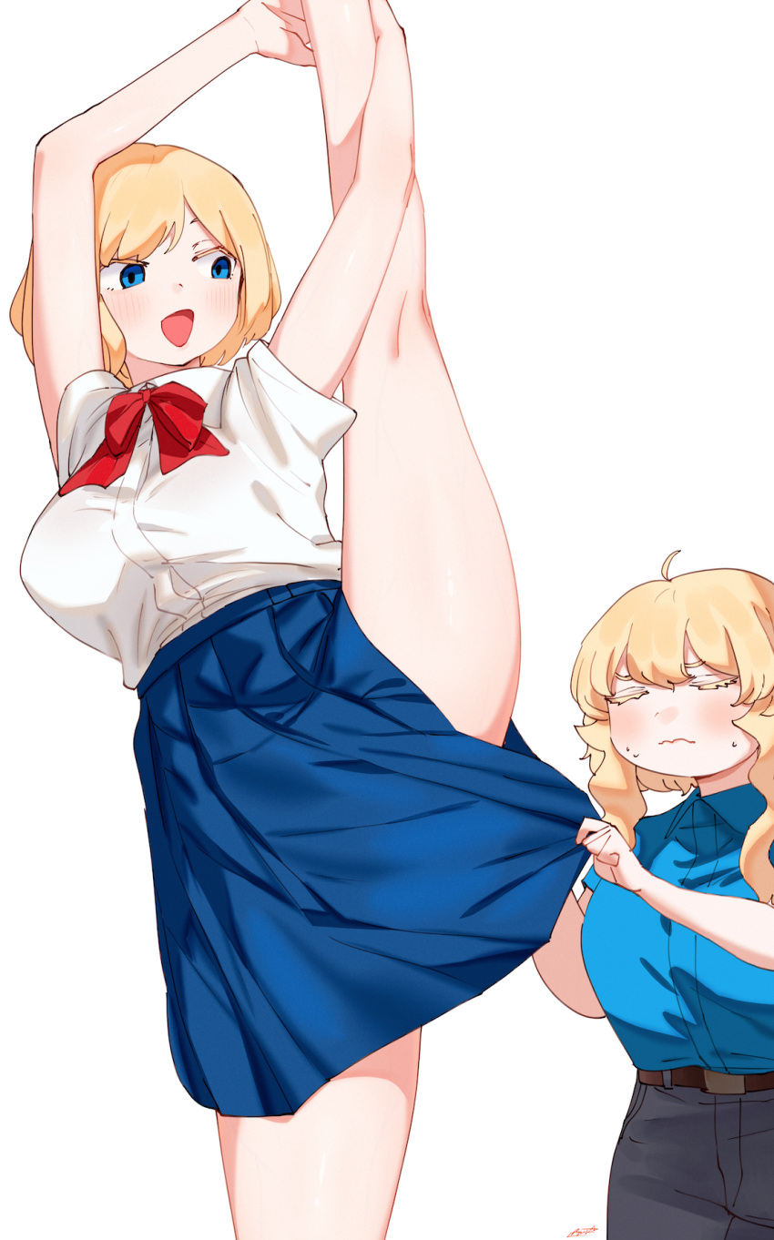 2girls :d ahoge belt blonde_hair blue_eyes blue_shirt blue_skirt bow bowtie breasts brown_belt closed_mouth grey_pants hands_up highres kneepits large_breasts long_hair medium_hair multiple_girls open_mouth original pants pleated_skirt red_bow red_neckwear ryusei_hashida school_uniform shirt sidelocks skirt smile split standing standing_on_one_leg standing_split sweat white_shirt