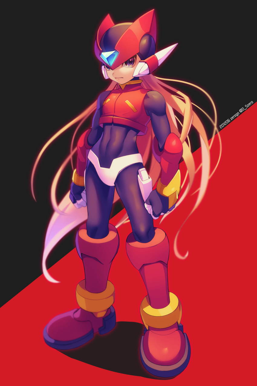 1boy absurdres android armor arms_at_sides artist_name black_background black_bodysuit blonde_hair blurry bodysuit clenched_hands closed_mouth commentary dated depth_of_field floating_hair full_body helmet highres long_hair looking_at_viewer male_focus red_background red_headwear rockman rockman_zero serious shadow solo standing twitter_username two-tone_background very_long_hair violet_eyes zero-go zero_(rockman)