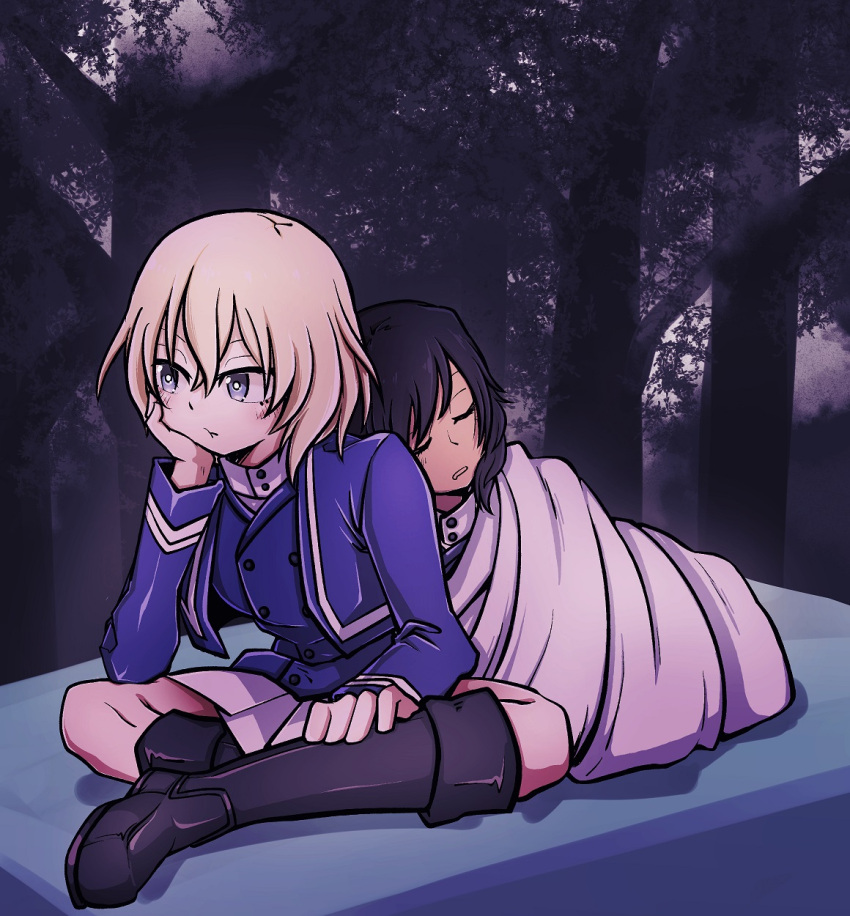 2girls andou_(girls_und_panzer) bangs bc_freedom_military_uniform black_footwear black_hair blonde_hair blue_eyes blue_jacket blue_vest boots closed_eyes closed_mouth commentary dark_skin dress_shirt forest frown girls_und_panzer head_rest hidanedane high_collar highres indian_style jacket knee_boots leaning_on_person long_sleeves medium_hair messy_hair military military_uniform miniskirt multiple_girls nature night oshida_(girls_und_panzer) pleated_skirt shirt sitting skirt sleeping sleeping_bag uniform vest white_shirt white_skirt