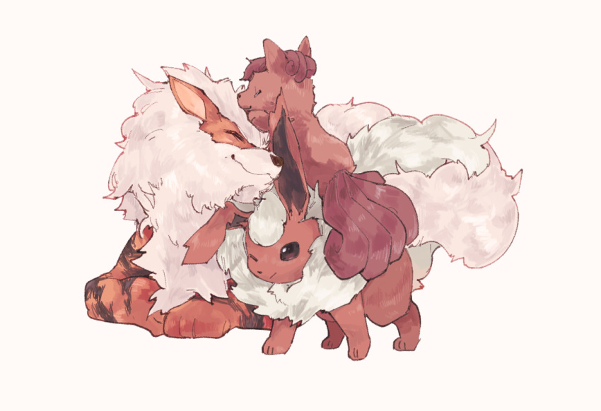 :3 ^_^ arcanine beige_background chikichi closed_eyes closed_mouth commentary_request flareon fluffy full_body gen_1_pokemon happy lying no_humans on_stomach one_eye_closed pokemon pokemon_(creature) red_eyes redhead short_hair simple_background standing vulpix white_hair