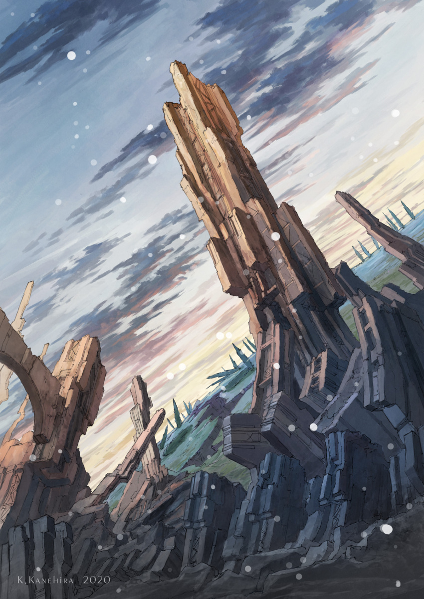 artist_name clouds cloudy_sky commentary_request construction fantasy highres k_kanehira no_humans original outdoors scenery science_fiction sky snowing