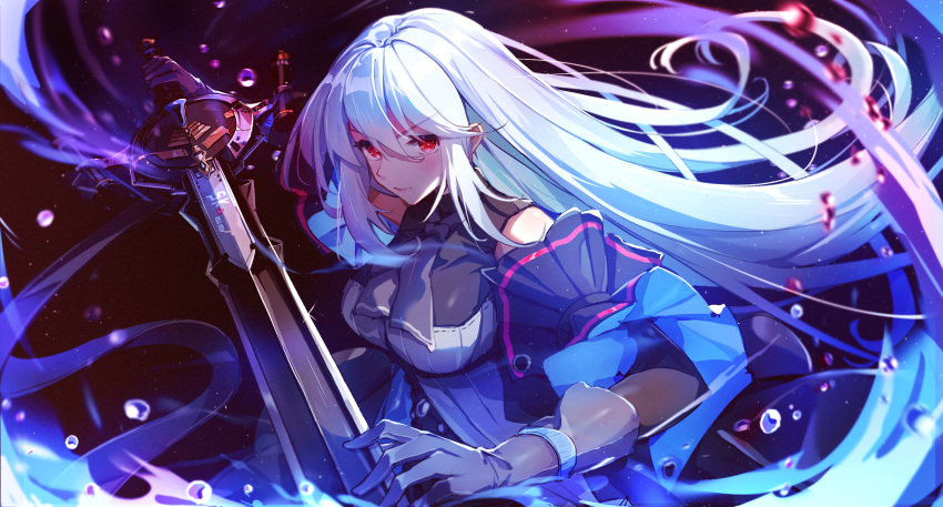 1girl arknights bangs bare_shoulders black_gloves black_neckwear breasts closed_mouth detached_sleeves eyebrows_visible_through_hair gloves hair_between_eyes highres holding holding_sword holding_weapon large_breasts long_hair looking_at_viewer necktie red_eyes serious shirt silver_hair skadi_(arknights) sleeveless sleeveless_shirt solo sword upper_body very_long_hair water_drop weapon yorurui_sansan