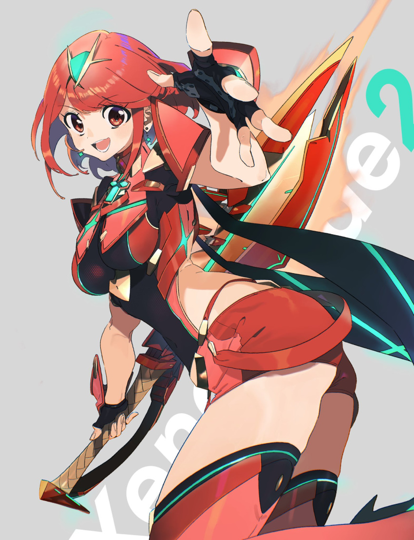 1girl bangs black_gloves breasts chest_jewel earrings fingerless_gloves gloves highres jewelry large_breasts machi_(wm) pyra_(xenoblade) red_eyes red_legwear red_shorts redhead short_hair short_shorts shorts solo swept_bangs thigh-highs tiara xenoblade_chronicles_(series) xenoblade_chronicles_2