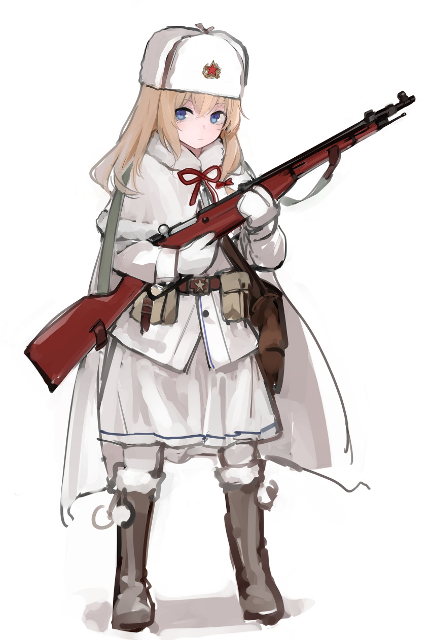 1girl absurdres bangs belt belt_buckle blonde_hair blue_eyes bolt_action boots bow brown_bag brown_belt brown_footwear buckle cape closed_mouth coat full_body fur-trimmed_coat fur_hat fur_trim girls_frontline gloves gun hair_between_eyes hat highres holding holding_gun holding_weapon jacket long_hair looking_at_viewer mosin-nagant mosin-nagant_(girls_frontline) pouch rampart1028 red_bow rifle russian_clothes sidelocks simple_background skirt solo standing star_(symbol) ushanka weapon white_background white_cape white_headwear white_jacket white_legwear white_mittens white_skirt younger