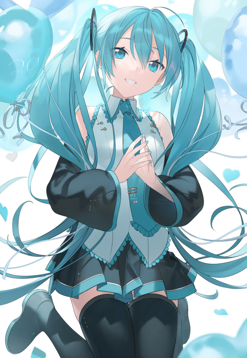 1girl 39 :d ahoge aqua_eyes aqua_hair aqua_neckwear balloon bangs black_footwear black_skirt black_sleeves boots collared_shirt commentary detached_sleeves grey_shirt grin hatsune_miku heart heart_balloon heiwa_(murasiho) highres kneeling long_hair long_sleeves looking_at_viewer miniskirt necktie open_mouth own_hands_together pleated_skirt shirt simple_background skirt smile solo teeth thigh-highs thigh_boots twintails very_long_hair vocaloid white_background