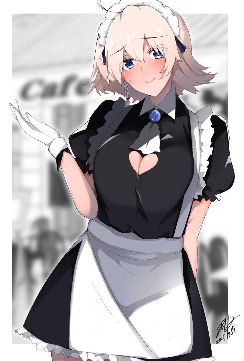 1girl 2021 alternate_costume apron azur_lane black_dress blue_eyes breasts chiru_(218mg) cleavage_cutout clothing_cutout dress enmaided eyebrows_visible_through_hair gloves highres large_breasts looking_at_viewer maid maid_headdress oklahoma_(azur_lane) puffy_short_sleeves puffy_sleeves short_hair short_sleeves solo white_apron white_gloves