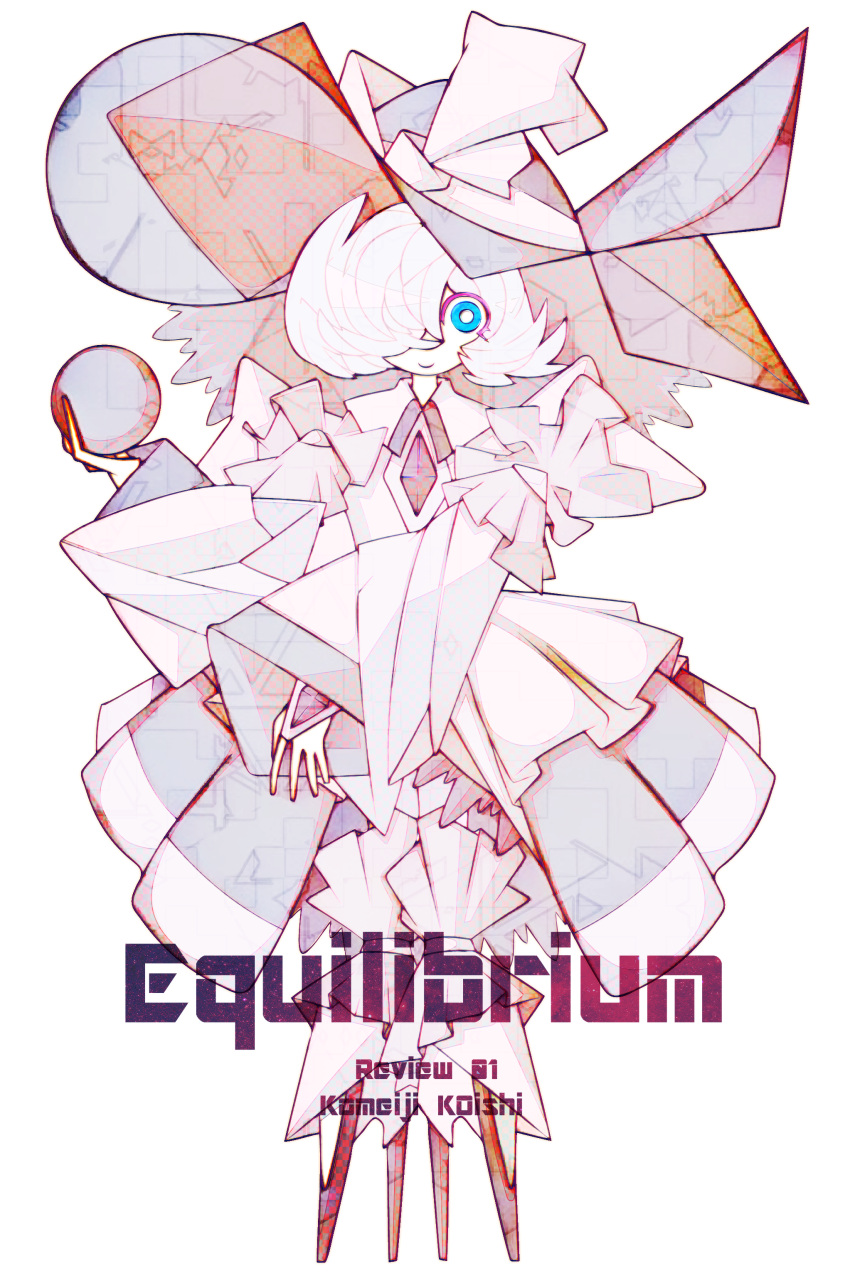 1girl absurdres adapted_costume blue_eyes bow buttons closed_mouth crossed_arms cubism dress frills full_body hair_bow hair_over_one_eye harano_kaguyama hat hat_ribbon high_heels highres juliet_sleeves komeiji_koishi long_sleeves looking_at_viewer puffy_sleeves ribbon smile solo standing third_eye touhou white_background wide_sleeves